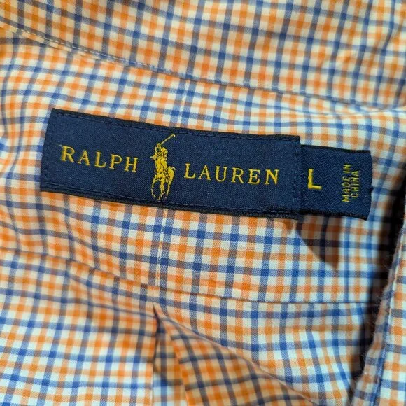 Ralph Lauren Shirt Mens Large Orange Blue Plaid Oxford Pony Preppy Long Sleeve - Picture 2 of 6